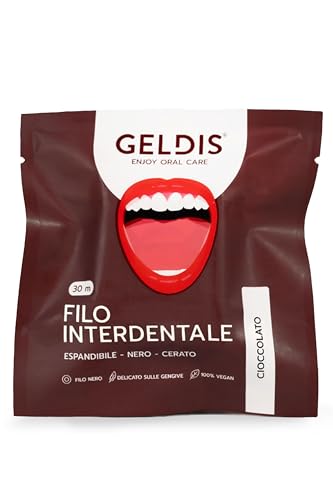 GELDIS Filo Interdentale Espandibile Nero, Gusto Cioccolato, Rimuove Placca in Profondità, Con Cera Vegetale, Per Gengive Sensibili, 30m Senza Plastica