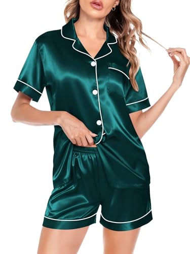 Image of SWOMOG Satin Matching Pajamas Sets Couple Silk Button Down Nightwear Women & Men Short Sleeve Sleepwear 2 Pieces Loungewear