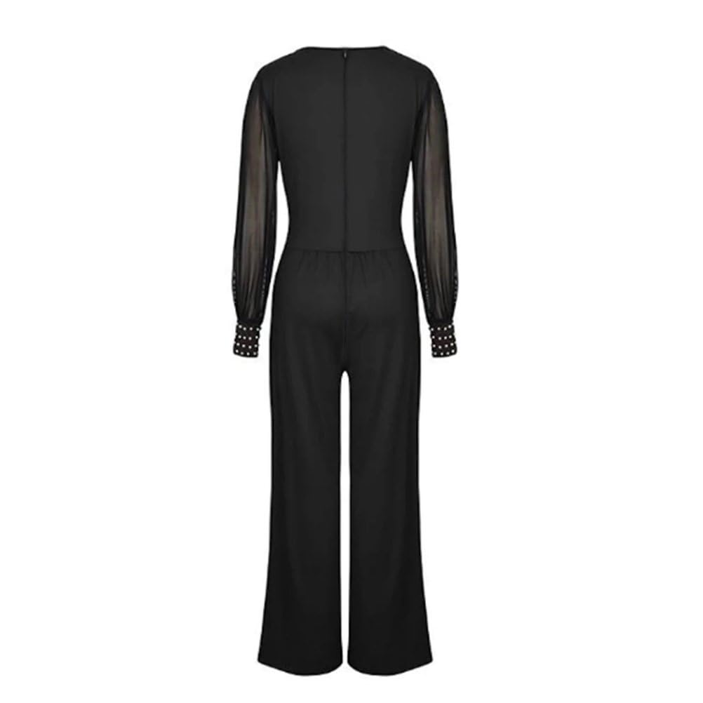 Femmes Sexy Élégant Col V Maille Rivets À Manches Longues Pantalon Droit Combinaison De Fête D'affaires