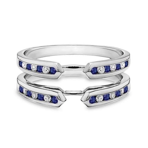 Round Cut Simulated Blue Sapphire & White Diamond 925 Sterling Silver 14K White Gold Finish Diamond Enhancer Wedding Wrap Ring Guard for Women's