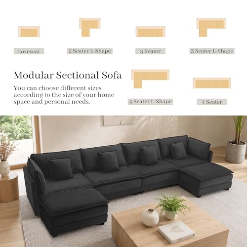 Image of Corduroy Sectional Couch, 4 Seater 149.2 inch U Shaped Cloud Couch with 2 Ottomans, Modular Deep Seat Sofa with Pillows for Living Room, Apartment, Black
