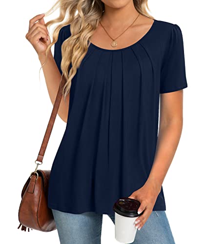 Anymeet Woman Summer Tunic Top Short Sleeve Casual Tee Shirt Flowy For Leggings Beach Blouse Plus Size Navy Blue X-Large #TOP7