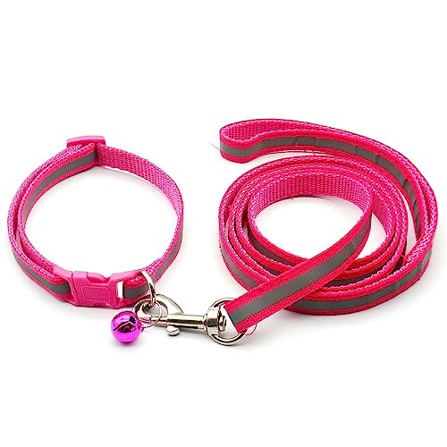 Small Dog Puppy Pet Collar and Lead Set Reflective Hi-Vis Strip Nylon Adjustable Size 19-32cm Collar with Bell and 120cm Leash Rose - Image 2