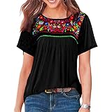 Melliflo Womens Short Sleeve Mexican Shirts Pleated Front Floral Embroidered Tee Shirt Loose Peasant Tunic Tops(O Black. Small)
