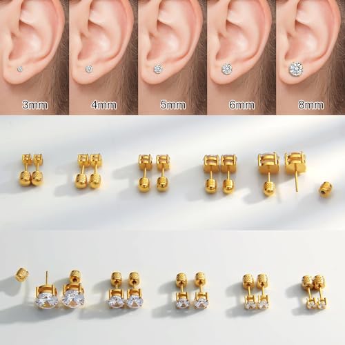 MHWTTY Gold Stud Earrings for Women Threadless Flat Back Earrings Push in Flatback Studs 3mm CZ — view 4