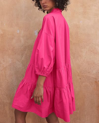 Image of chouyatou Women's Summer Puff Sleeve Tiered Tunic Babydoll Dress Cute Mini Button Down Shirt Dress