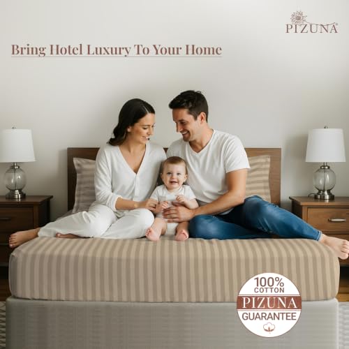 Image of Pizuna 100% Cotton Bedsheet Super King Size with 2 Pillow Covers, 300 Thread Count Long Staple Cotton, Stripes Pattern Flat Bed Sheet 108X108 Inch for Superking Bed, Taupe