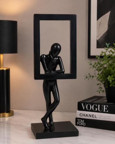 Image of Uptrix Decorative Modern Abstract Thinker Sculpture with Frame, Minimalist Black Resin Decorative Statue, Contemporary Tabletop Home Decor Accent for Living Room. (Black)