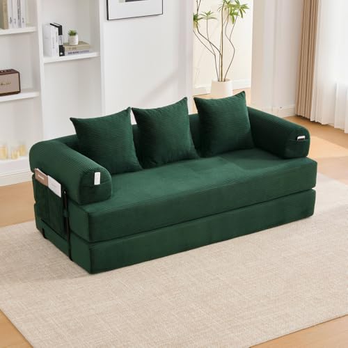 Vepssder Sofá de compresión, sofá plegable, sofá convertible con bolsillos laterales y tres almohadas, estructura de metal (esmeralda)