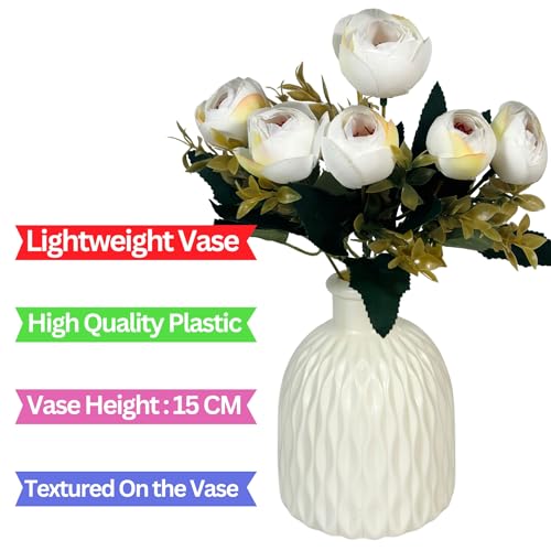 Image of Dekorly Artificial Peony Flowers Bunch | White Vase with Flowers Bunch | Artificial Plants for Home Office Hotel Decor | Bedroom Living Room Bathroom Decor (White, Height : 30CM)