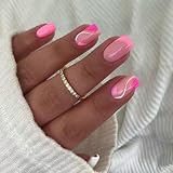 Summer Nails,Short French Press on Nails With Design,KXAMELIE Hot Pink Square Shape Colorful Swirls 