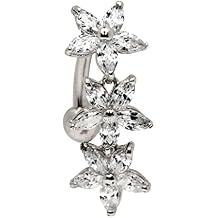 JewelryWeb Solid 14k Yellow or White Gold Marquise Flower Cubic Zirconia Top Mount Belly Button Ring Dangle 7mm x 24mm