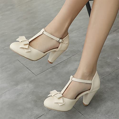 Image of Elbslutt Women's Cute Retro Rockabilly Shoes T Strap Mary Janes Heels Chunky Cosplay Shoes Sweet Block Heeled Bow Pumps