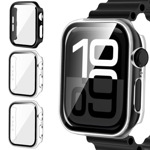 iVoler 3 Pezzi Cover con Vetro Temperato per Apple Watch Series 11/10 42mm, Copertura Completa Pellicola Protettiva Custodia Antiurto, Sottile Anti-Graffio Rigida iWatch Case, 2 Trasparente + 1 Nero