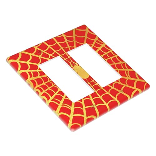 Decorative Outlet Covers Red Background with Golden Spiderweb Spider 2 Gang Light Switch Cover Plate Double Rocker Wall Plate Switch Plate Covers Faceplate for Bedroom Decor