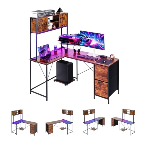 Image of VEVOR L-Shaped Gaming Desk with LED Lights, 62.2-inch Reversible Corner Computer Desk with Power Outlets, Movable CPU Stand & Storage Drawers, Modern Stylish PC Gaming Table for Home Office
