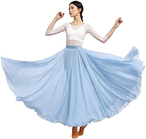 PAOTIT Women's Lyrical Dance Skirt Long Sheer Swing Wrap Skirt Modern Ballet Costumes for Performance Blue