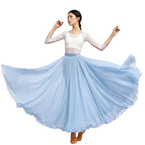 Paotit Women's Lyrical Dance Skirt Long Sheer Swing Wrap Skirt Modern Ballet Costumes For Performance Blue #TOP3