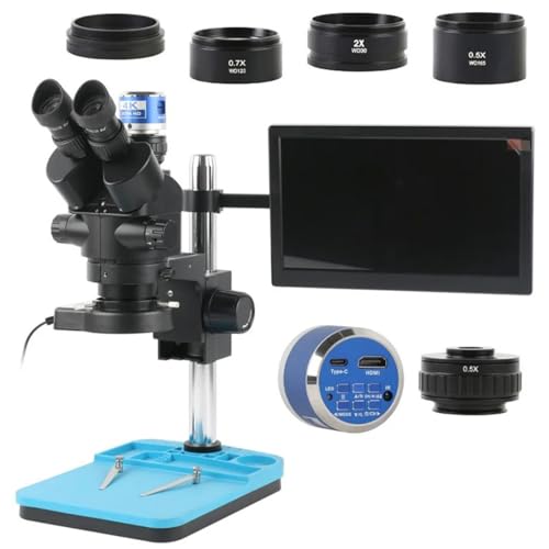 ラボ用顕微鏡アクセサリー 7X-100X サイマル焦点ステレオ三眼顕微鏡 1080P 48MP 2K 4K HDMI USB ビデオカメラ付き 11.6 インチ LCD モニター PCB はんだ付けセット用(12MP 4K HDMI Type-c)