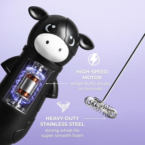 Image of Zulay Kitchen Cow Milk Frother Wand - Cutesy Frother, Meet Your New Frothing Buddy Betsy The Cow, Adoption Papers and Stickers Included, Purrr-fect for Lattes, Cappuccino & Matcha - Black
