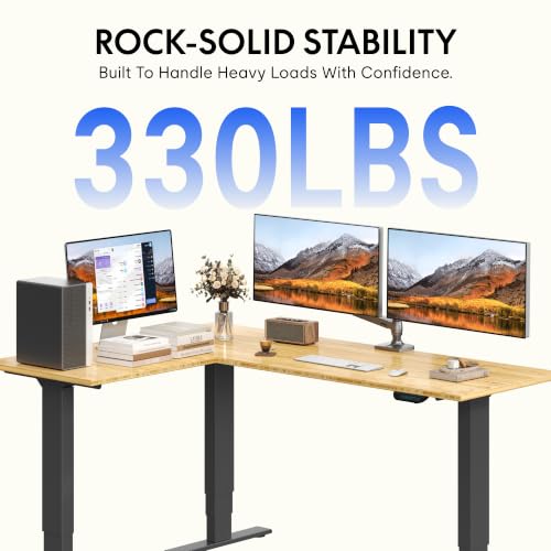 Image of FLEXISPOT 71 inch Reversible L-Shaped Bamboo Standing Desk, Triple Motor Electric Height Adjustable Corner Desk, 3-Stage Legs, 330 lb Capacity, Sit Stand Desk for Executive Home Office, Black Frame