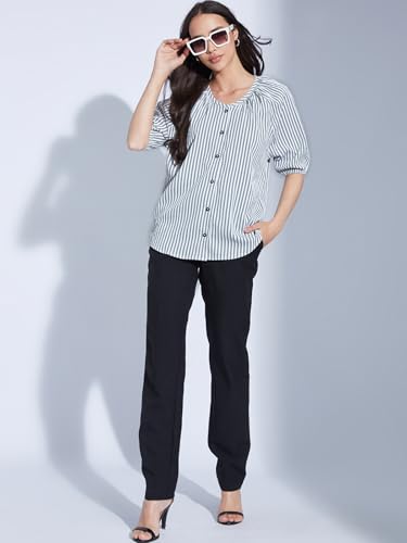 Image of Selvia Women Textured Crepe Printed Top Regular fit Shirt Style Top Round Neck Half Sleeve Stylish Top