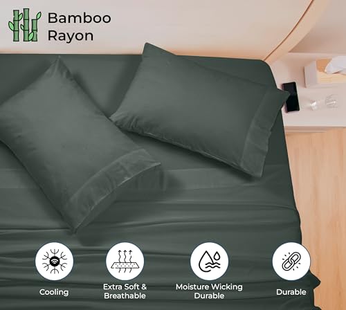 Image of Royale Linens Bamboo Viscose Queen Sheet Set - Cooling Bed Sheet Set - 1 Fitted, 1 Flat & 2 Pillowcase - Fits Up to 16 inch - Organic Viscose Derived from Bamboo - Bedding Sheet & Pillowcase (Queen, Grey)