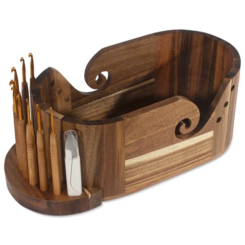 Image of Wooden Yarn Bowl, Craft Knitting Yarn Bowls for Crocheting w /9pcs Knitting Hooks, Sewing Scissors & Crochet Tool Holder, Oval Large Crochet Yarn Holder for Knitting Lovers(11.1x6x4.8in, Acacia Wooden)
