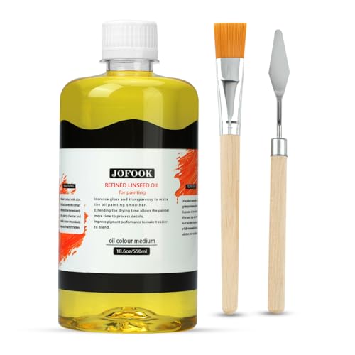 JOFOOK Refined Linseed Oil Medium for Oil Paintings,550ml/18.6oz Linseed Oil for Oil Based Paint,Artists' Paint Thinner with a Painting Knife and Paintbrush,Enhance Flow & Translucency Thinning Oil