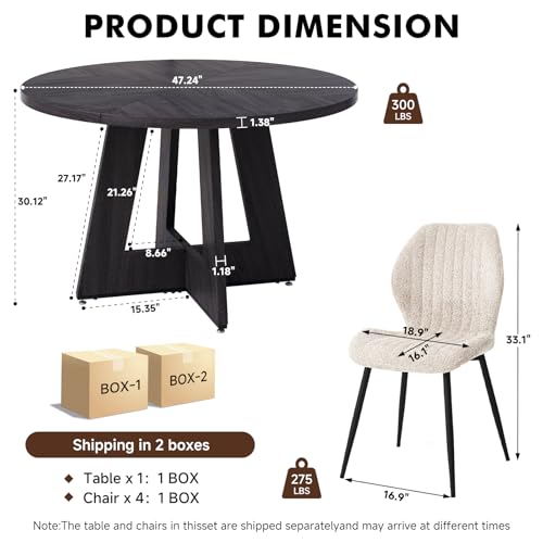 Image of 47 inch Round Dining Table Set for 4, Kitchen Table and Chairs | Wooden Cross Base, Boucle Fabric Chair, for Apartment