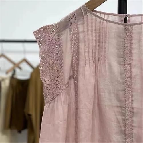 Women's Hollow Lace Patchwork Vest Pleated O-Neck Solid Color Sleeveless Vest3