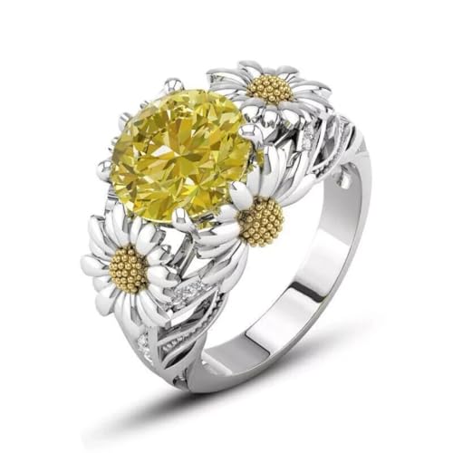 925 Sterling Silver Round Cut Yellow Sapphire Gemstone Sunflower Milgrain Engagement Wedding Ring for Women's In 14K White Gold Finish