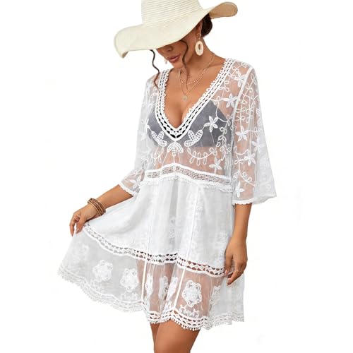 BOCOGLO Strandkleid Damen Strandkleid Damen Luftig Sexy Spitze Lochdesign Sonnenbekleidung Bikini Cover Up Mode und Vielseitig Passend für Strand Pool Urlaub Und Ferien-8