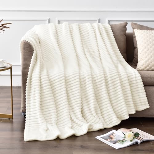 Image of BEDELITE Fleece Throw Blanket for Couch - 3D Ribbed Jacquard Soft and Warm Decorative Fuzzy Blanket - Cozy, Fluffy, Plush Lightweight Cream Throw Blankets for Bed, Sofa, 50x60 inches