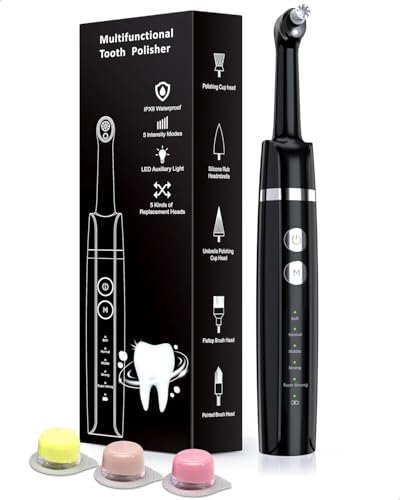 Tooth Polisher, Plaque Stain Removal Yellow Teeth with 5 Replacement Heads & Cleaning Modes, Plaque Remover for Teeth (Black)