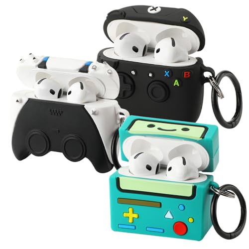 Image of [3Pack]Gedicht for Apple Airpods 4th Generation Case Cover(2024), Cute Cartoon Game Consoles Controller Soft Silicone Protective Cases for Airpods 4 Case with Keychain for Women Men，Black+White+Green