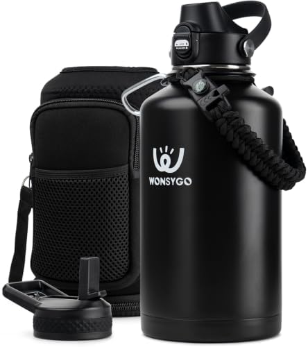 WONSYGO 64 oz Water Bottle with Paracord Handle, Neoprene Sleeve, Bottle Brush & Straw Brush, Leak Proof for Hiking Camping Outdoor Travel Half Gallon Black