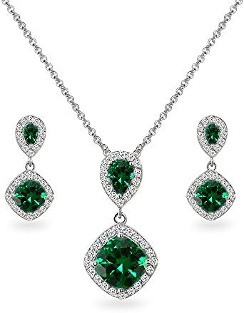 B. BRILLIANT Drop Earrings for Women Sterling Silver Necklace Synthetic Green Quartz and White Topaz Pendant Dangle Ear Emerald Color Jewelry Set for Girls Teens Bridesmaids Prom