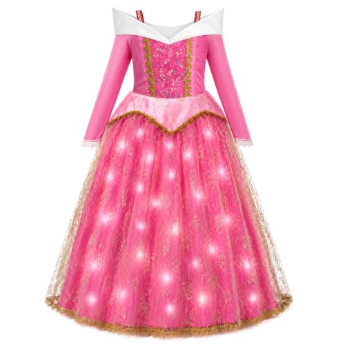 Davvew Robe de Princesse Filles, LED Déguisement de princesse pour filles, Robe Filles Costume Rose avec Accessoires Halloween Noël Carnaval