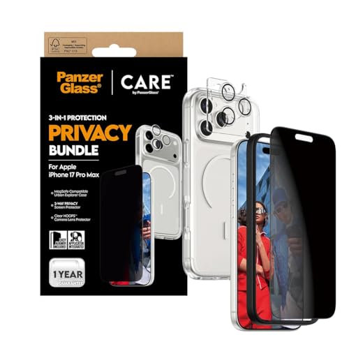 PanzerGlass 3 in 1 Privacy Protection Kit for iPhone 17 Pro Max Screen Protector with Privacy Filter Camera Lens Protector Clear Case
