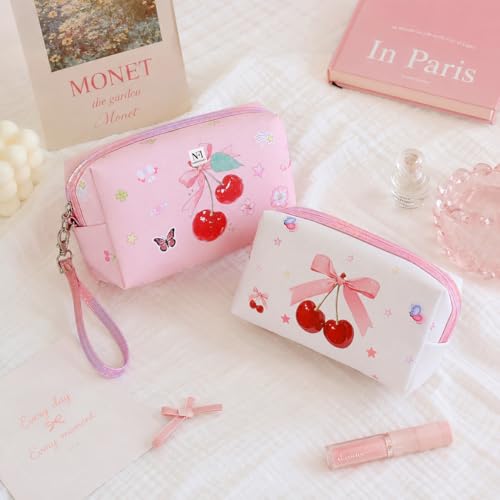 Image of NFI essentials Pack of 2 Cherry Print Makeup Pouch for Women & Girls, Multipurpose Cosmetic Organizer Bag with Wrist Strap & Zipper Closure, Portable Toiletry Travel Pouch for Makeup, Skincare