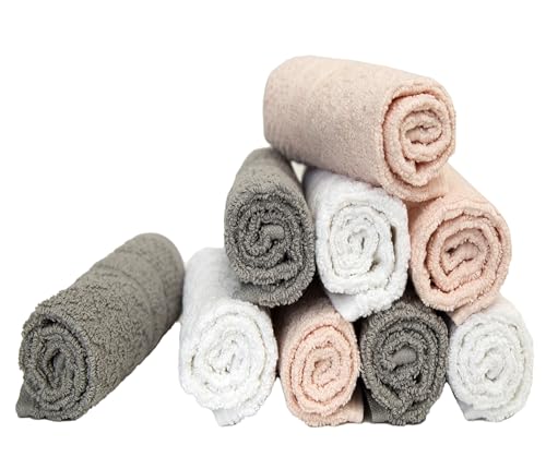 Image of Pleasant Home Chevron Wash Cloths Set - 12 Pack (12 inch x 12 inch) - 509 GSM - 100% Ring Spun Cotton Wash Cloth - Super Soft and Highly Absorbent Face Towels (Light Grey, White & Pink)
