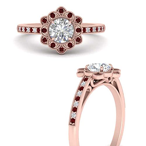 Image of 55Carat Choose Your Gemstone Milgrain Floral Halo Diamond CZ Ring Rose Gold Plated Round Shape Halo Engagement Rings Everyday Jewelry Wedding Jewelry Handmade Gifts for Wife US Size 4 to 12