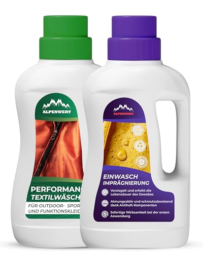 Alpenwert Impregnación de 500 ml + detergente para ropa de 500 ml [fabricado en Alemania] – Detergente para ropa de exterior, esquí y ropa funcional – Gore-tex UVM