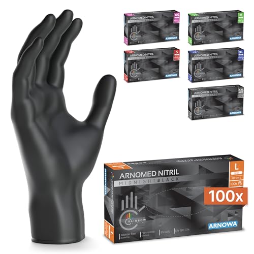 100x ARNOMED® Guantes nitrilo talla L Negro, Guantes desechables quirurgicos y laboratorio, Luvas nitrilo descartaveis sin polvo y látex, Manoplas nitrilo en XS, S, M, L, XL, XXL