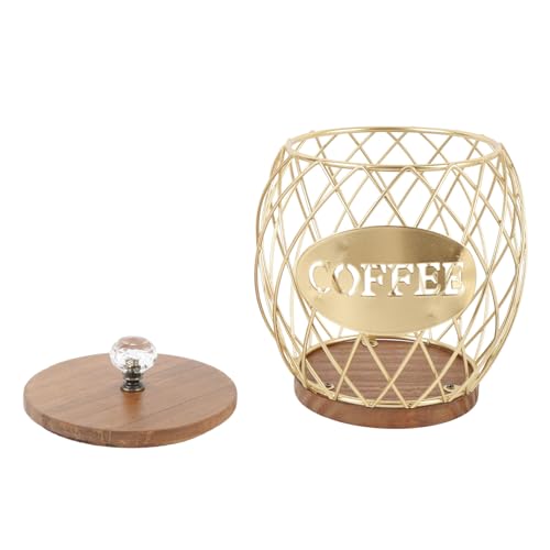 Coffee Capsule Holder, Rustproof Exquisite Craftsmanship Large Capacity Wooden Base Lid Coffee Pod Storage Basket for Home Hotel Shop (Gold)