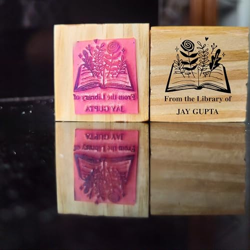 Image of Kunya Personalised Book Stamp with Your Name(3.5 cm Dia), customised for Stamping Books for Readers, Great Gift for booklovers, Kids, Teachers (Floral Book)