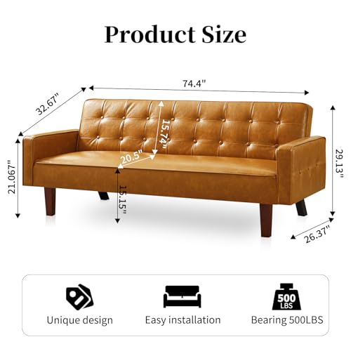 Image of Faux Leather Couch, Mid Century Modern Sofa with Memory Foam, Comfy 3 Seater Couch for Small Spaces, Living Room, Office, Brown