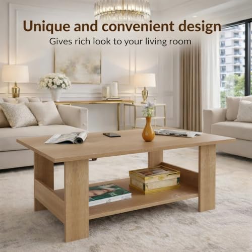 Image of Spyder Craft Modern Coffee Table with Open Storage Shelf - Minimalist Rectangular Center Table for Living Room, Office, and Lounge - Durable Engineered Wood, Easy Assembly (Oak) (Assembly -DIY)
