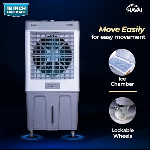 Image of HAVAI Thunder 18 Desert Cooler | 18 inch Heavy-Duty Aluminium Fan Blade | 110 Dia 35mm Powerful Motor | Auto Swing | 3-Side Honeycomb | 20 Ft Air Throw | 100L Tank | 1-Year Motor Warranty | White & Grey